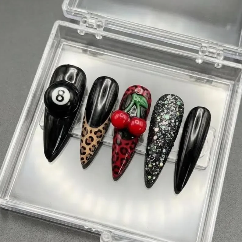 Leopard print French tip, Lucky Strike 3D 8-Ball, press on nails, custom press on nails, fake nails, Nails Art, stained glass nails, gold press on nails, 3d press on nails, luxury press on nails, handmade press on nails