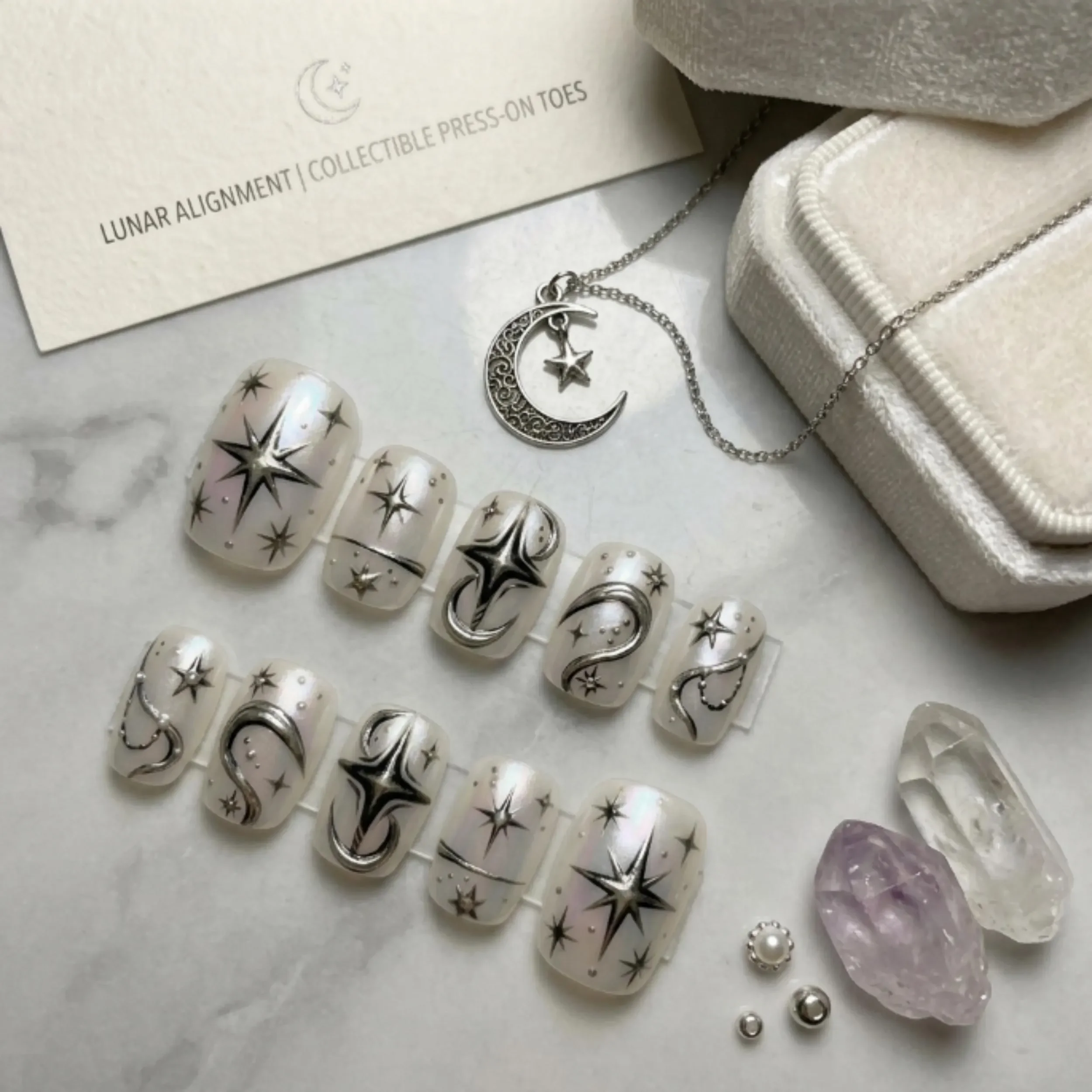 lunar alignment, hand-painted 3D, press on nails, custom press on nails, fake nails, Nails Art, stained glass nails, gold press on nails, 3d press on nails, luxury press on nails, handmade press on nails