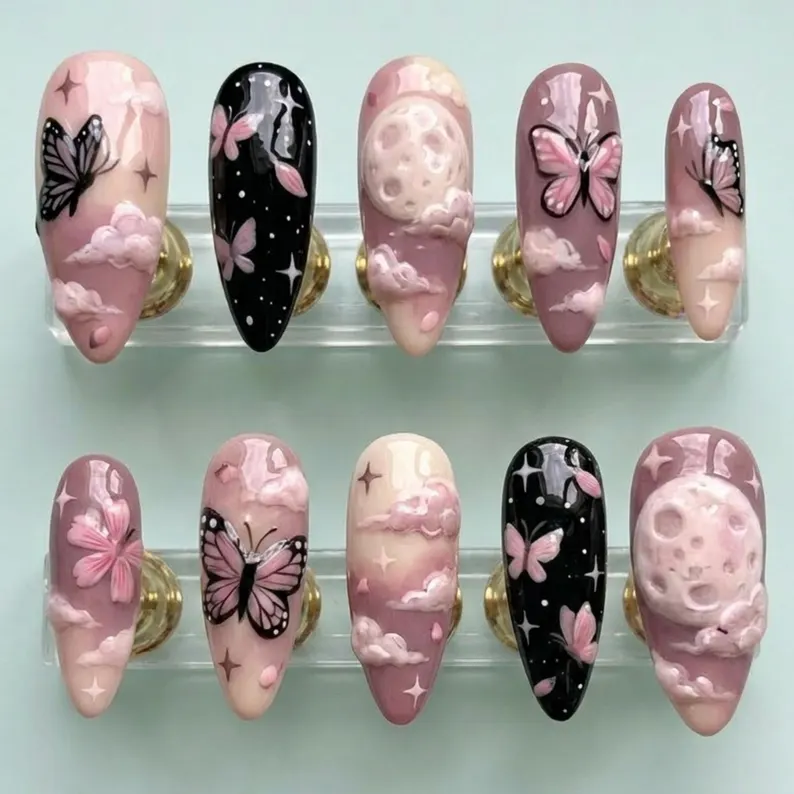 Butterfly press on, Pink lavender nails, press on nails, custom press on nails, fake nails, Nails Art, stained glass nails, gold press on nails, 3d press on nails, luxury press on nails, handmade press on nails