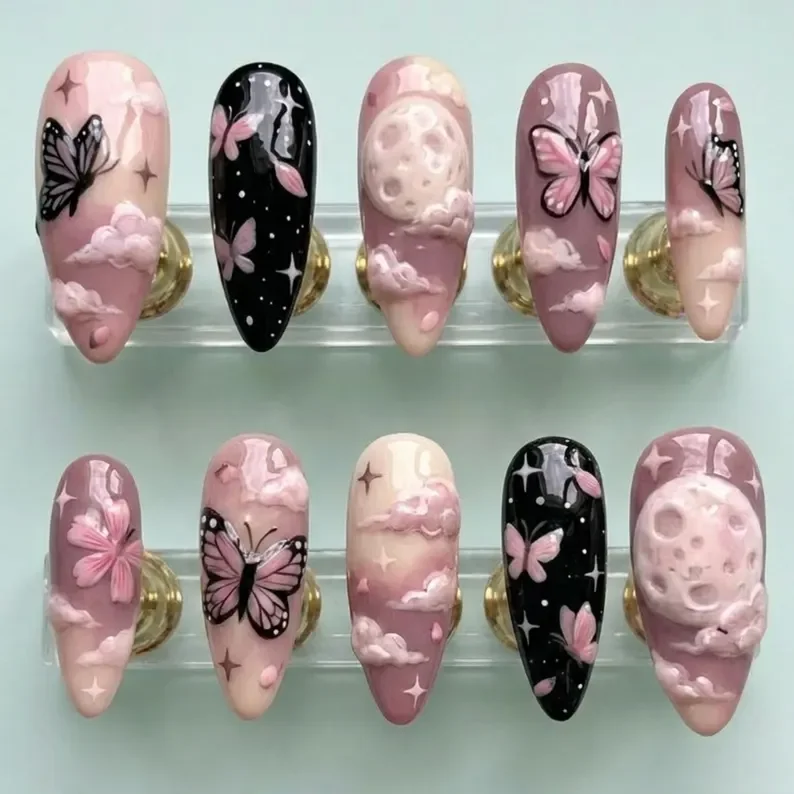 3D Moon nails, Butterfly press on, press on nails, custom press on nails, fake nails, Nails Art, stained glass nails, gold press on nails, 3d press on nails, luxury press on nails, handmade press on nails