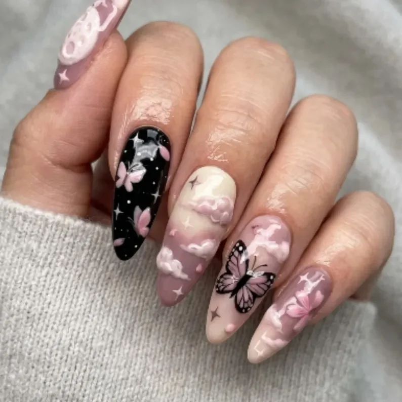 Pink lavender nails, Celestial artisan set, press on nails, custom press on nails, fake nails, Nails Art, stained glass nails, gold press on nails, 3d press on nails, luxury press on nails, handmade press on nails