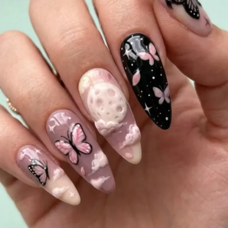 Lunar dreams, Press on nails, press on nails, custom press on nails, fake nails, Nails Art, stained glass nails, gold press on nails, 3d press on nails, luxury press on nails, handmade press on nails