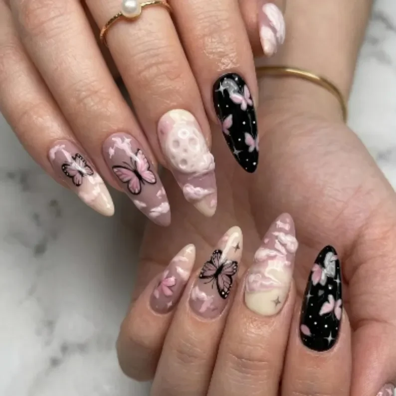 Moon and butterfly, Lavender celestial, press on nails, custom press on nails, fake nails, Nails Art, stained glass nails, gold press on nails, 3d press on nails, luxury press on nails, handmade press on nails