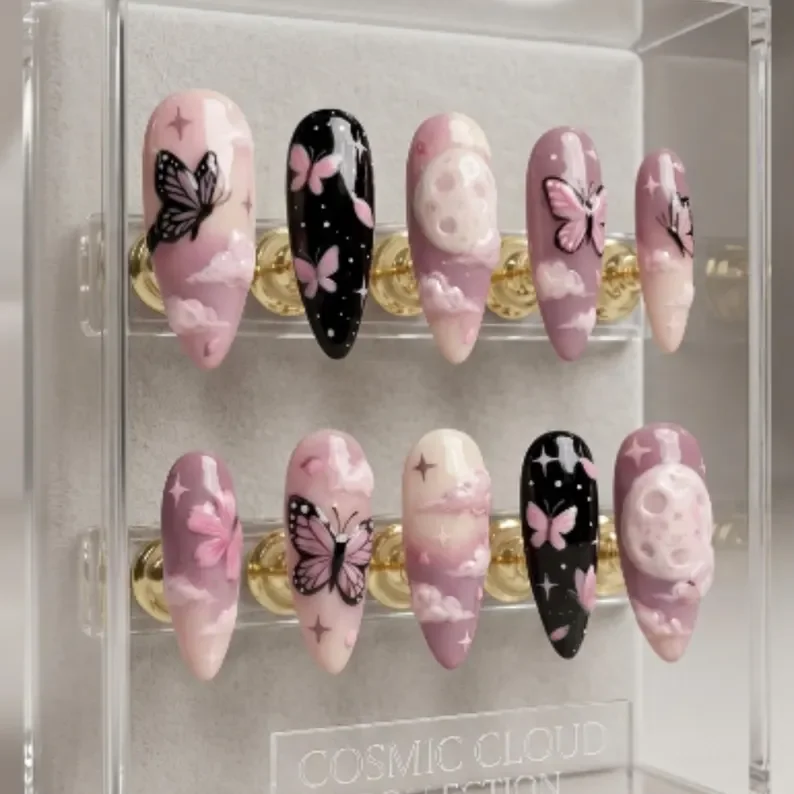 Artisan nails, 3D Moon nails, press on nails, custom press on nails, fake nails, Nails Art, stained glass nails, gold press on nails, 3d press on nails, luxury press on nails, handmade press on nails