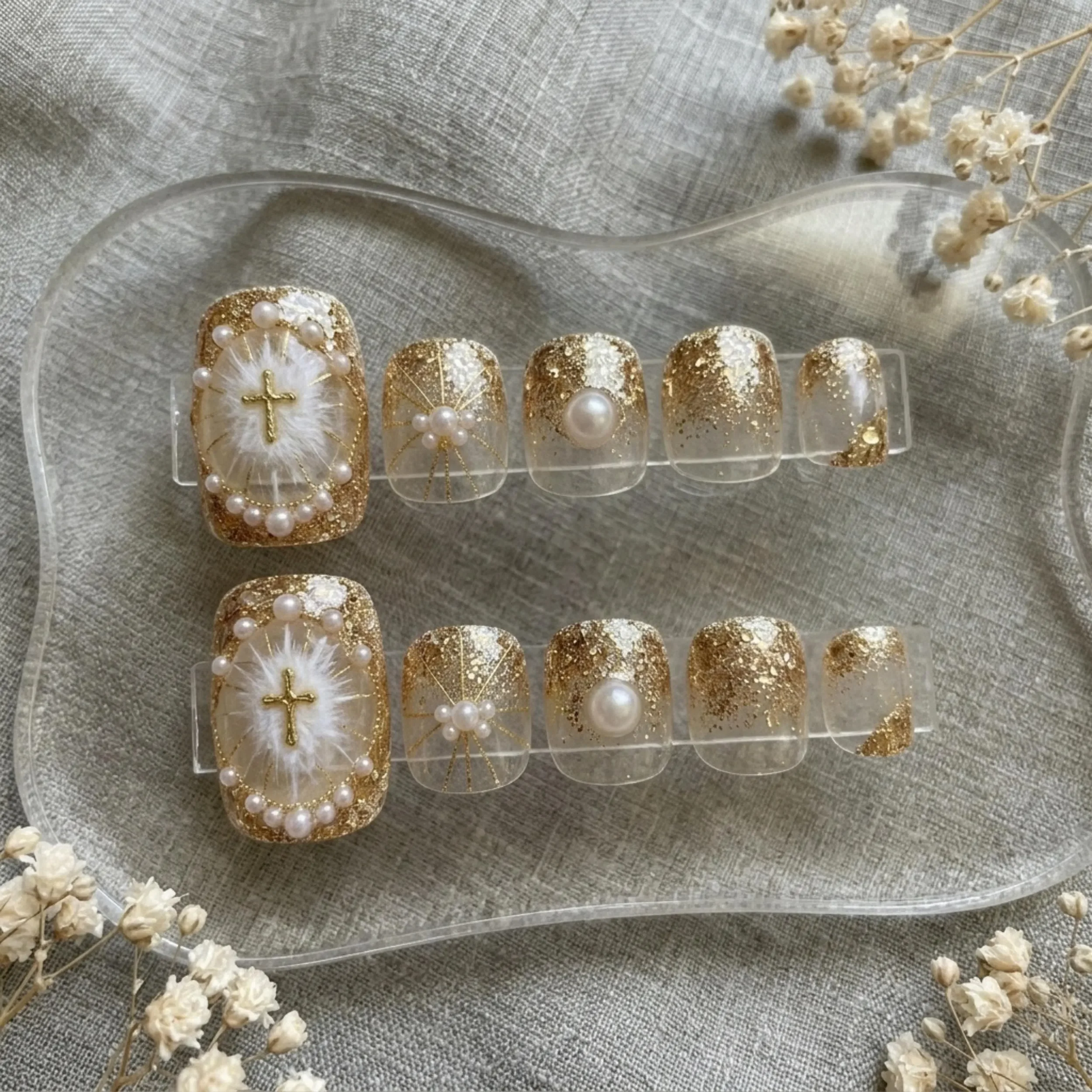 ethereal pedicure, gold cross toes, press on nails, custom press on nails, fake nails, Nails Art, stained glass nails, gold press on nails, 3d press on nails, luxury press on nails, handmade press on nails