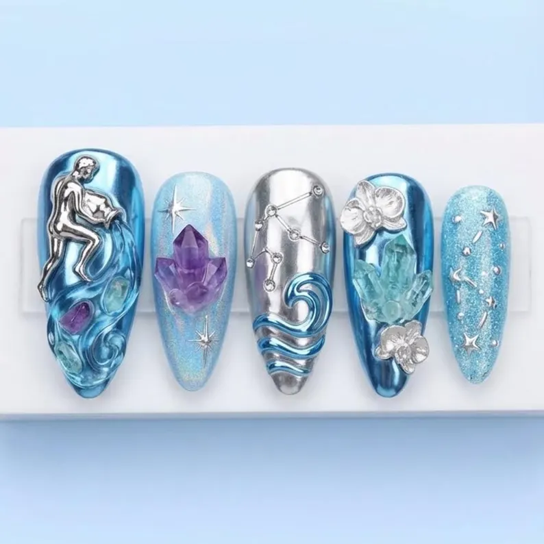 Celestial empress blue, Silver chrome nail art, press on nails, custom press on nails, fake nails, Nails Art, stained glass nails, gold press on nails, 3d press on nails, luxury press on nails, handmade press on nails