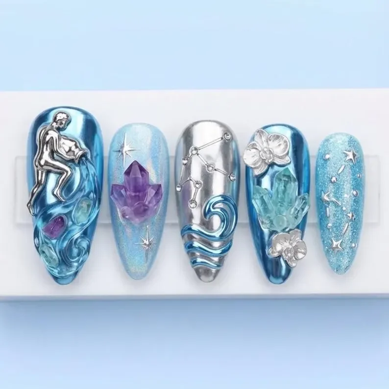 Luxury 3D Aquarius, Zodiac press on, press on nails, custom press on nails, fake nails, Nails Art, stained glass nails, gold press on nails, 3d press on nails, luxury press on nails, handmade press on nails