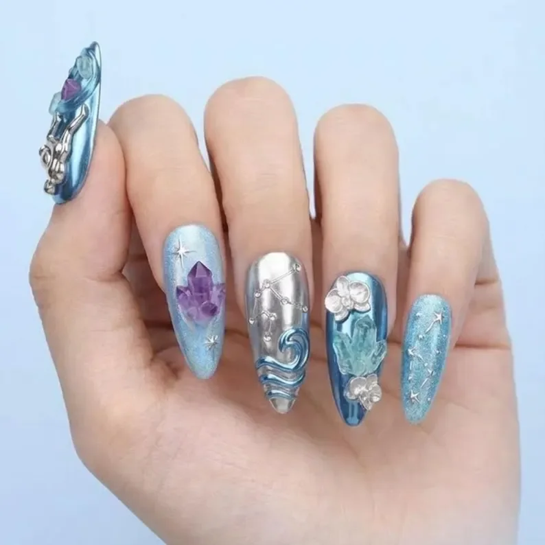 Celestial empress blue, Silver chrome nail art, press on nails, custom press on nails, fake nails, Nails Art, stained glass nails, gold press on nails, 3d press on nails, luxury press on nails, handmade press on nails