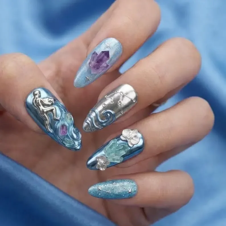 Aquarius nail design, Blue silver chrome, press on nails, custom press on nails, fake nails, Nails Art, stained glass nails, gold press on nails, 3d press on nails, luxury press on nails, handmade press on nails