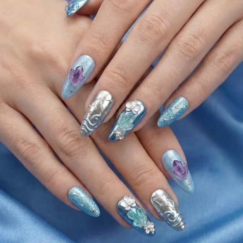3D celestial nails, Press-on nail set, press on nails, custom press on nails, fake nails, Nails Art, stained glass nails, gold press on nails, 3d press on nails, luxury press on nails, handmade press on nails