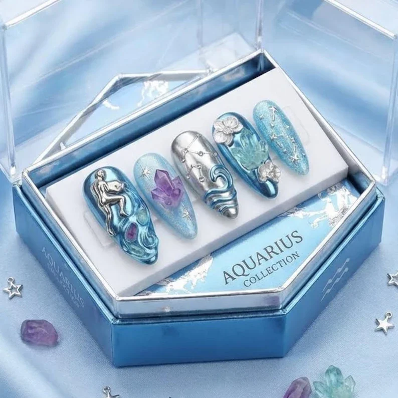 Luxury 3D Aquarius, Zodiac press on, press on nails, custom press on nails, fake nails, Nails Art, stained glass nails, gold press on nails, 3d press on nails, luxury press on nails, handmade press on nails