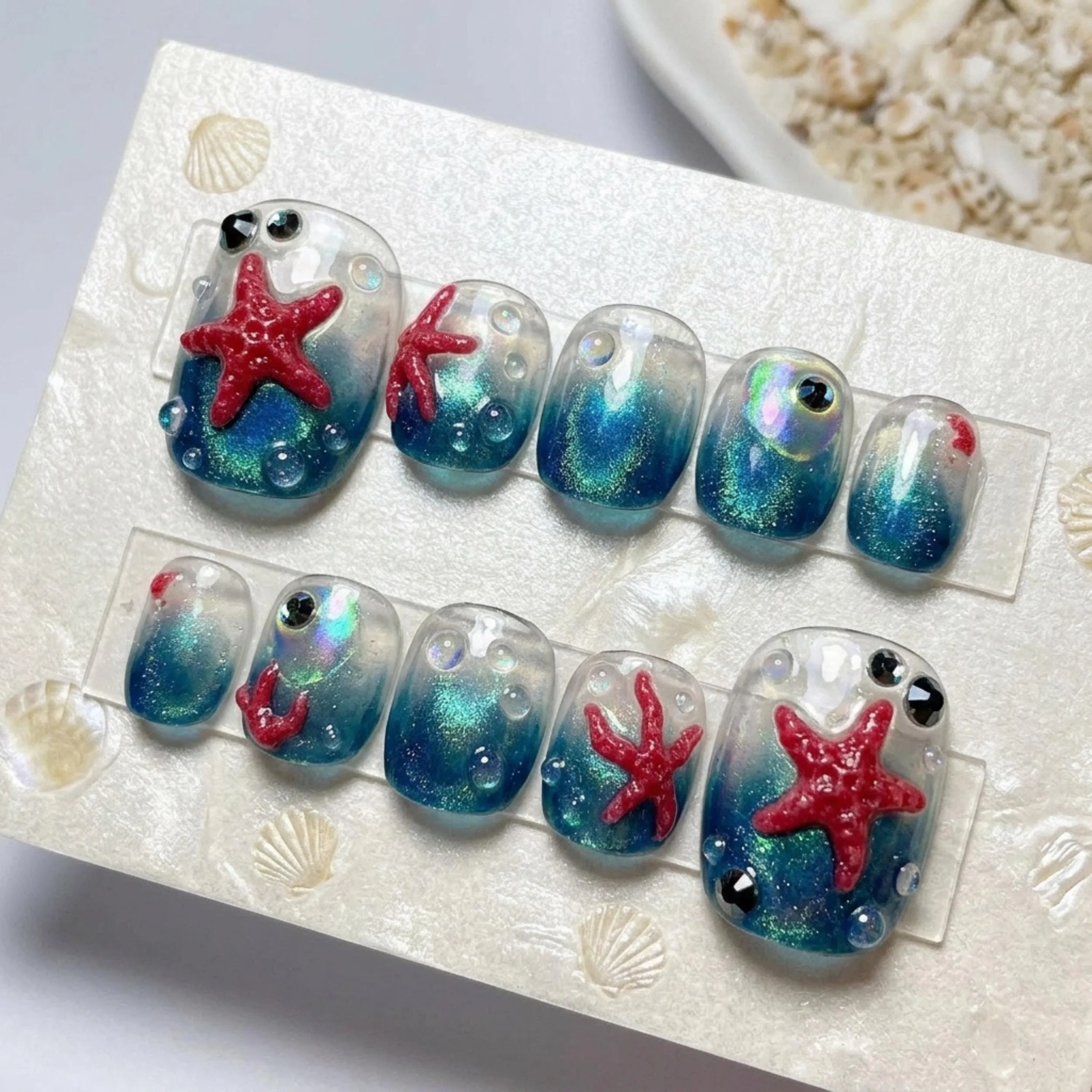 luxury 3D cat-eye, starfish press on, press on nails, custom press on nails, fake nails, Nails Art, stained glass nails, gold press on nails, 3d press on nails, luxury press on nails, handmade press on nails