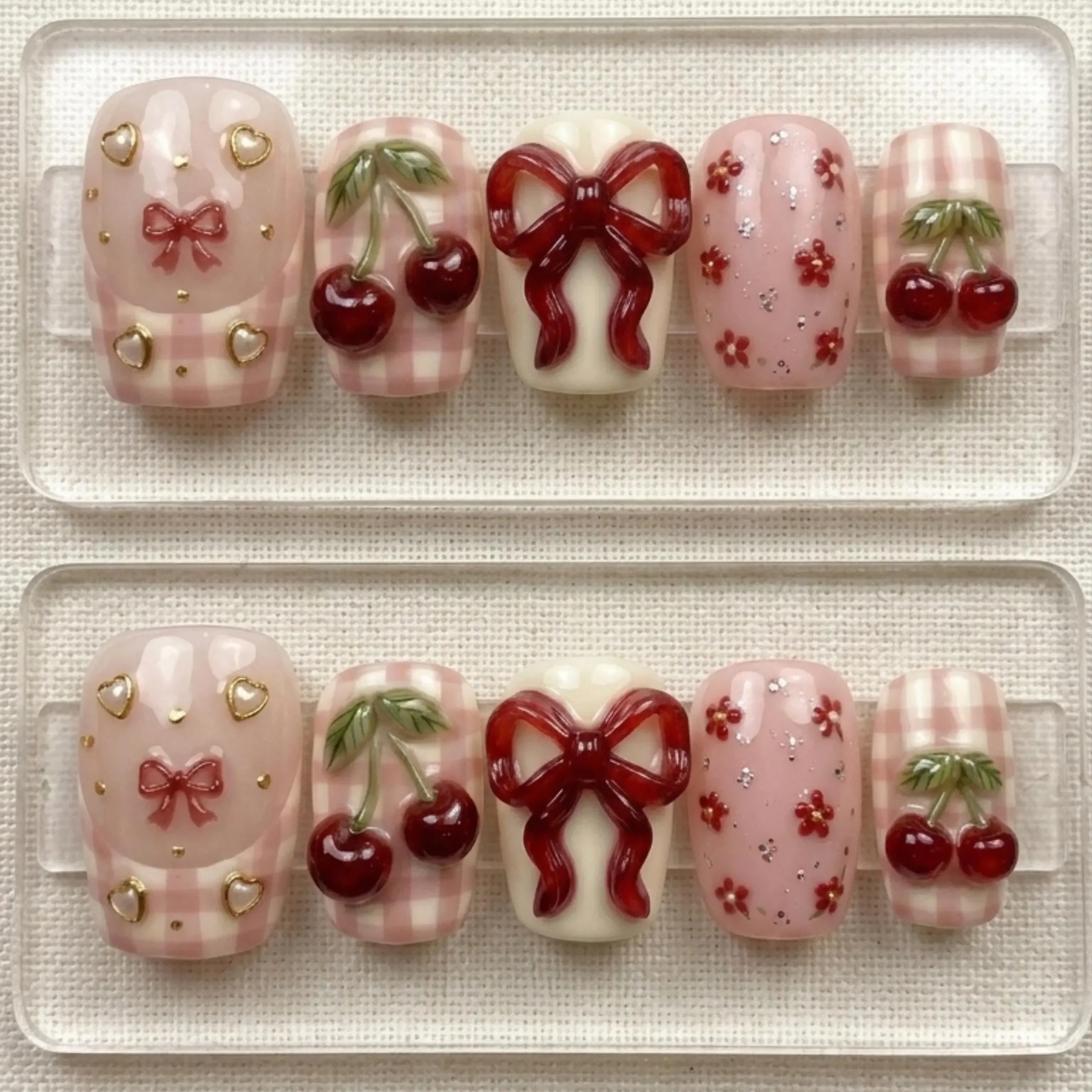 luxury 3D press on toes, cherry gingham design, press on nails, custom press on nails, fake nails, Nails Art, stained glass nails, gold press on nails, 3d press on nails, luxury press on nails, handmade press on nails