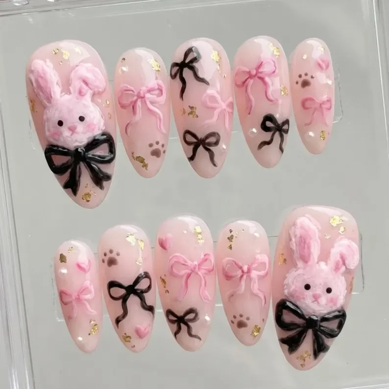 luxury 3D press on nails, coquette fluffy bunny, press on nails, custom press on nails, fake nails, Nails Art, stained glass nails, gold press on nails, 3d press on nails, luxury press on nails, handmade press on nails