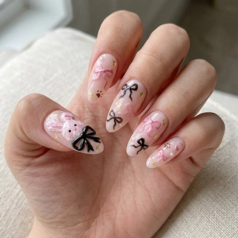 kawaii pink nail art, black bow nail art, press on nails, custom press on nails, fake nails, Nails Art, stained glass nails, gold press on nails, 3d press on nails, luxury press on nails, handmade press on nails