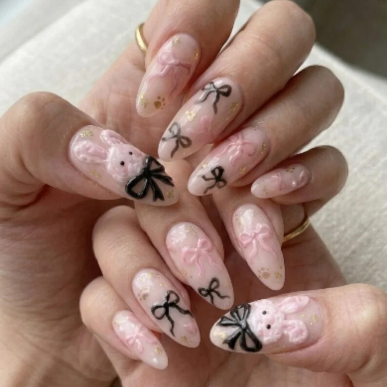 press on nails, 3D bunny nails, custom press on nails, fake nails, Nails Art, stained glass nails, gold press on nails, 3d press on nails, luxury press on nails, handmade press on nails