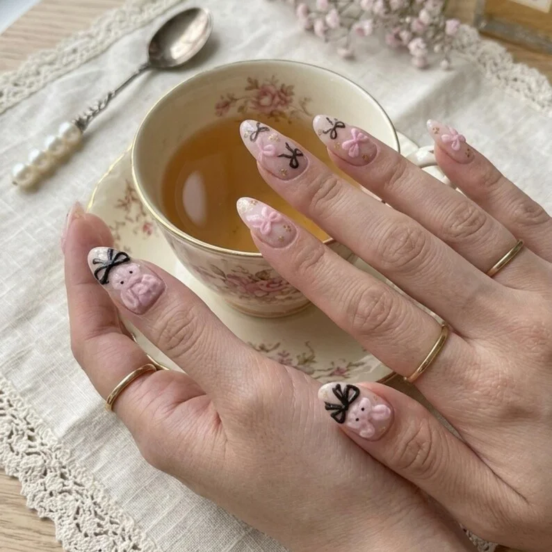 coquette nail design, fluffy bunny nails, press on nails, custom press on nails, fake nails, Nails Art, stained glass nails, gold press on nails, 3d press on nails, luxury press on nails, handmade press on nails