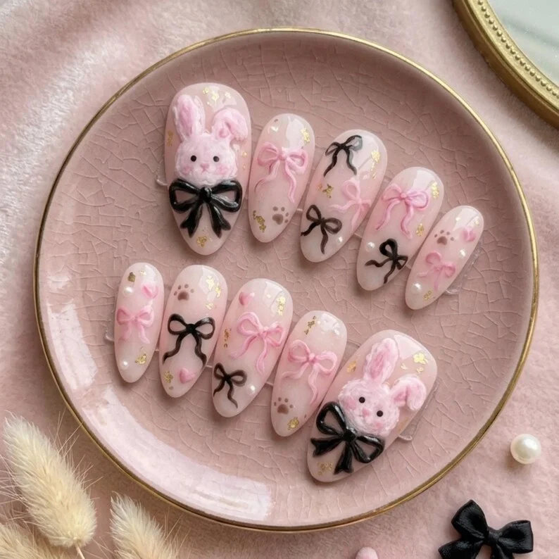 luxury 3D press on nails, coquette fluffy bunny, press on nails, custom press on nails, fake nails, Nails Art, stained glass nails, gold press on nails, 3d press on nails, luxury press on nails, handmade press on nails