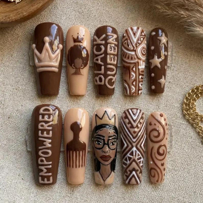 melanin portrait nails, 3D portrait nails, press on nails, custom press on nails, fake nails, Nails Art, stained glass nails, gold press on nails, 3d press on nails, luxury press on nails, handmade press on nails