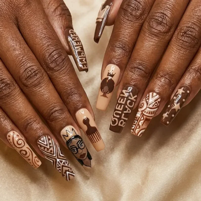 black queen nails, afrocentric nail art, press on nails, custom press on nails, fake nails, Nails Art, stained glass nails, gold press on nails, 3d press on nails, luxury press on nails, handmade press on nails