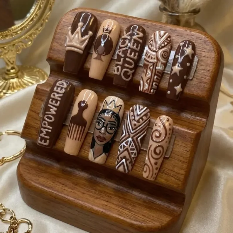 melanin portrait nails, 3D portrait nails, press on nails, custom press on nails, fake nails, Nails Art, stained glass nails, gold press on nails, 3d press on nails, luxury press on nails, handmade press on nails