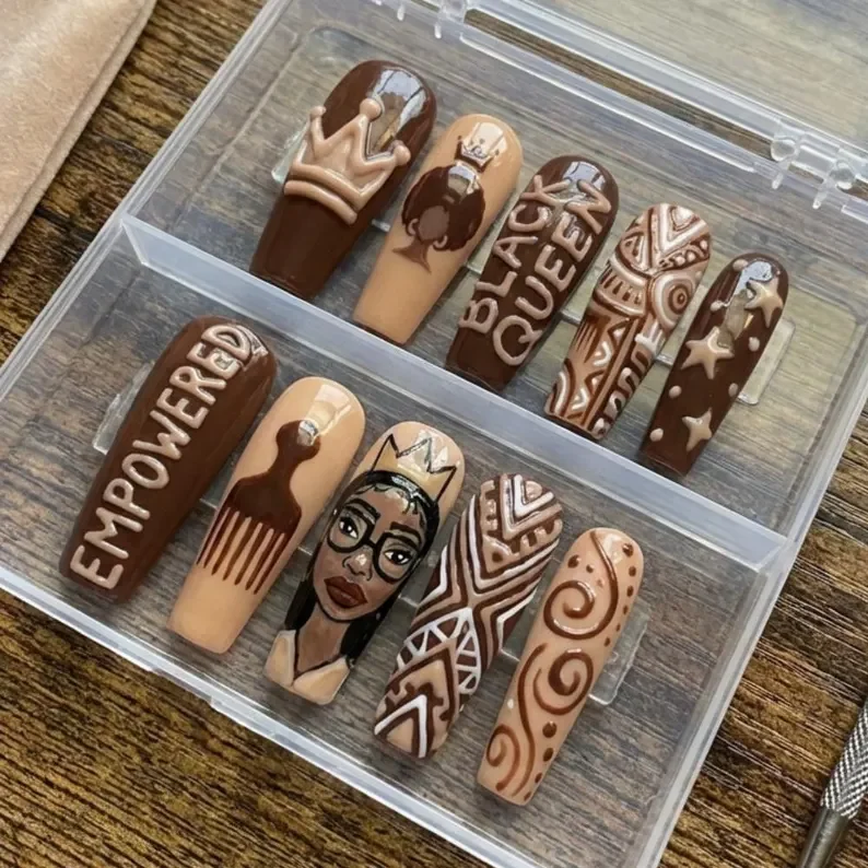 black queen nails, afrocentric nail art, press on nails, custom press on nails, fake nails, Nails Art, stained glass nails, gold press on nails, 3d press on nails, luxury press on nails, handmade press on nails