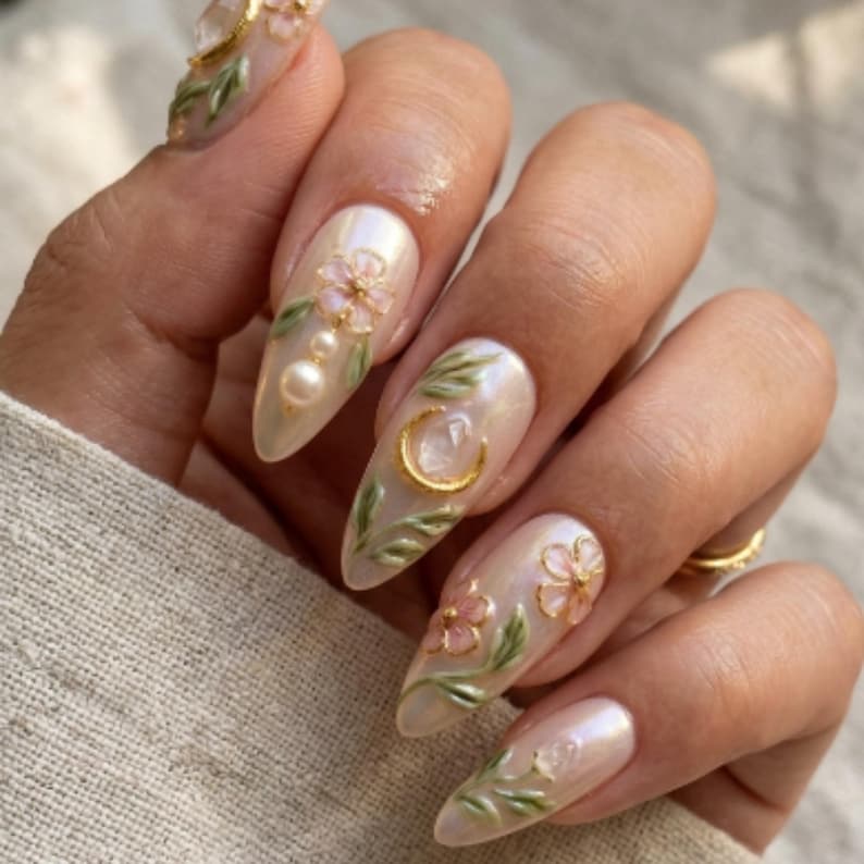 iridescent moon, pearl shimmer, press on nails, custom press on nails, fake nails, Nails Art, stained glass nails, gold press on nails, 3d press on nails, luxury press on nails, handmade press on nails