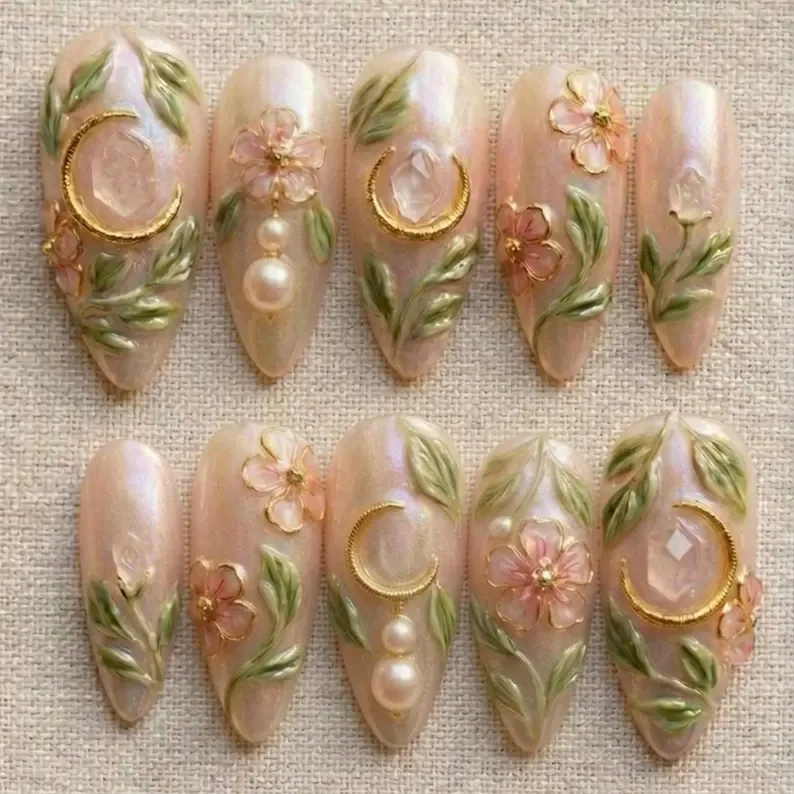 iridescent moon, pearl shimmer, press on nails, custom press on nails, fake nails, Nails Art, stained glass nails, gold press on nails, 3d press on nails, luxury press on nails, handmade press on nails