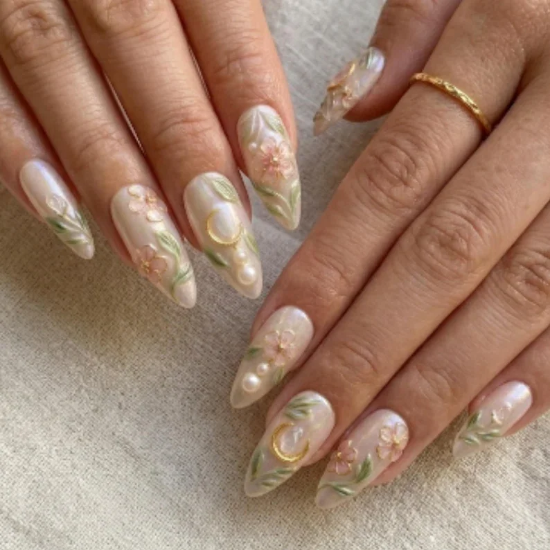 3D floral nails, moon nail design, press on nails, custom press on nails, fake nails, Nails Art, stained glass nails, gold press on nails, 3d press on nails, luxury press on nails, handmade press on nails