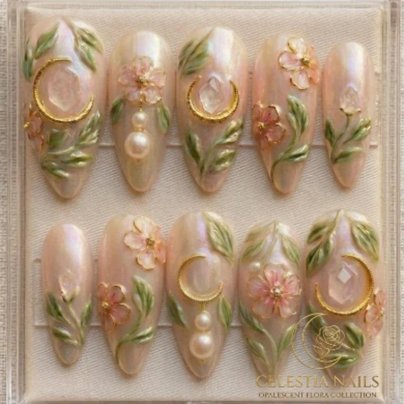 luxury 3D floral, celestial press on, press on nails, custom press on nails, fake nails, Nails Art, stained glass nails, gold press on nails, 3d press on nails, luxury press on nails, handmade press on nails