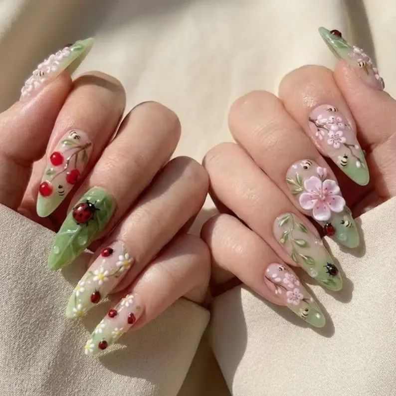 cherry nail art, floral nail design, press on nails, custom press on nails, fake nails, Nails Art, stained glass nails, gold press on nails, 3d press on nails, luxury press on nails, handmade press on nails