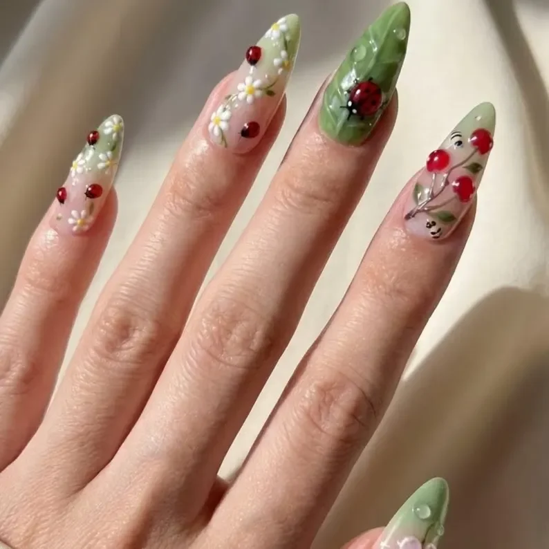 ladybug bee nails, luxury 3D floral, press on nails, custom press on nails, fake nails, Nails Art, stained glass nails, gold press on nails, 3d press on nails, luxury press on nails, handmade press on nails