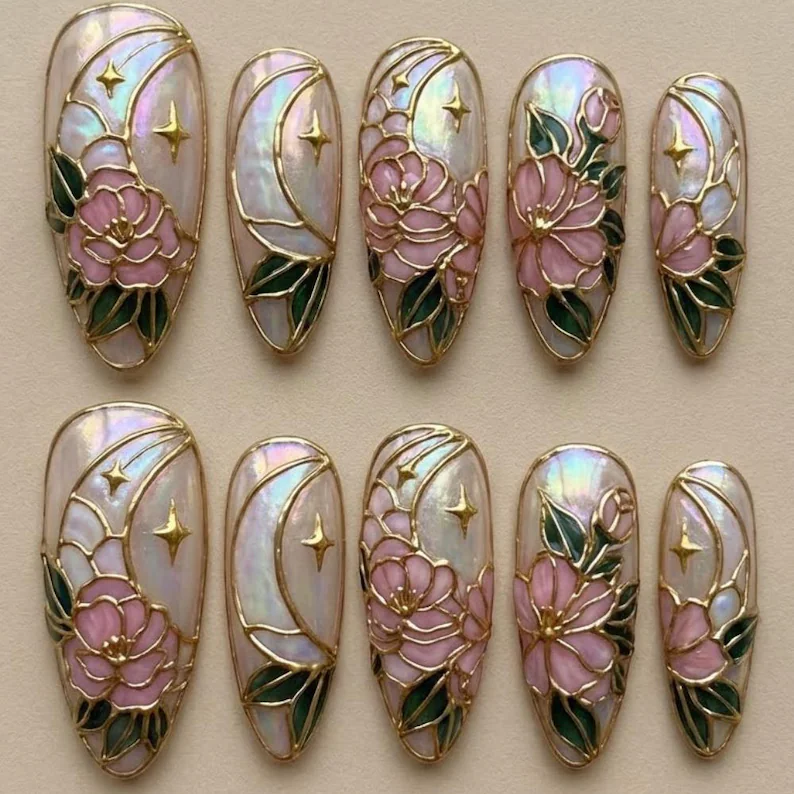 moon nail art, celestial pearl nails, press on nails, custom press on nails, fake nails, Nails Art, stained glass nails, gold press on nails, 3d press on nails, luxury press on nails, handmade press on nails