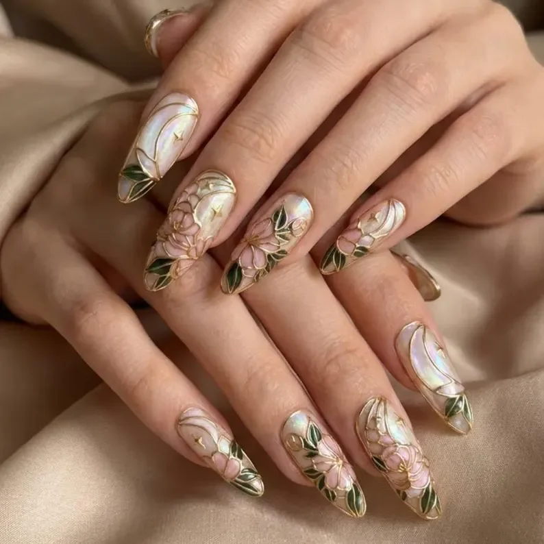 moon nail art, celestial pearl nails, press on nails, custom press on nails, fake nails, Nails Art, stained glass nails, gold press on nails, 3d press on nails, luxury press on nails, handmade press on nails