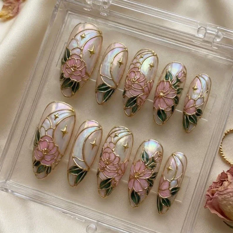 luxury 3D gold, floral stained glass, press on nails, custom press on nails, fake nails, Nails Art, stained glass nails, gold press on nails, 3d press on nails, luxury press on nails, handmade press on nails