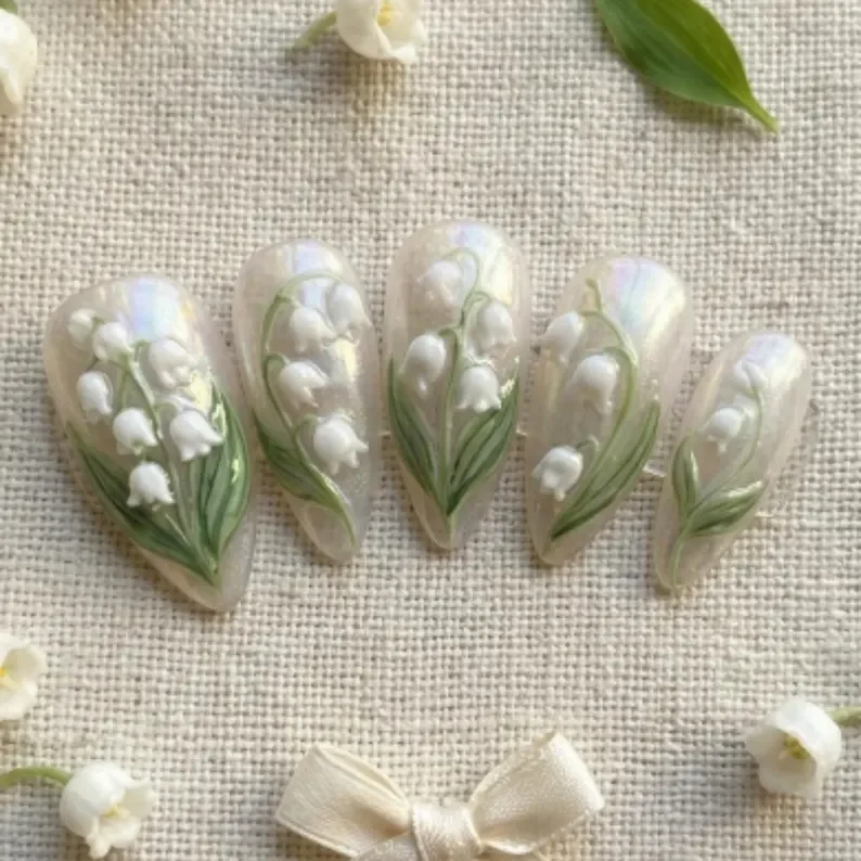 luxury press on nails, 3D lily of the valley, press on nails, custom press on nails, fake nails, Nails Art, stained glass nails, gold press on nails, 3d press on nails, handmade press on nails
