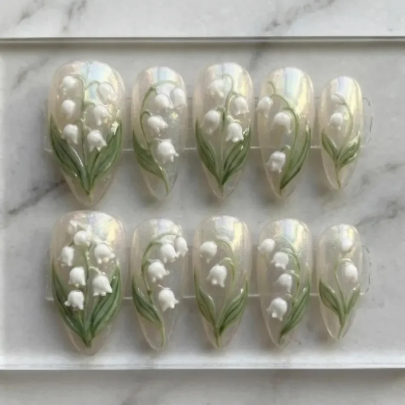 luxury press on nails, 3D lily of the valley, press on nails, custom press on nails, fake nails, Nails Art, stained glass nails, gold press on nails, 3d press on nails, handmade press on nails