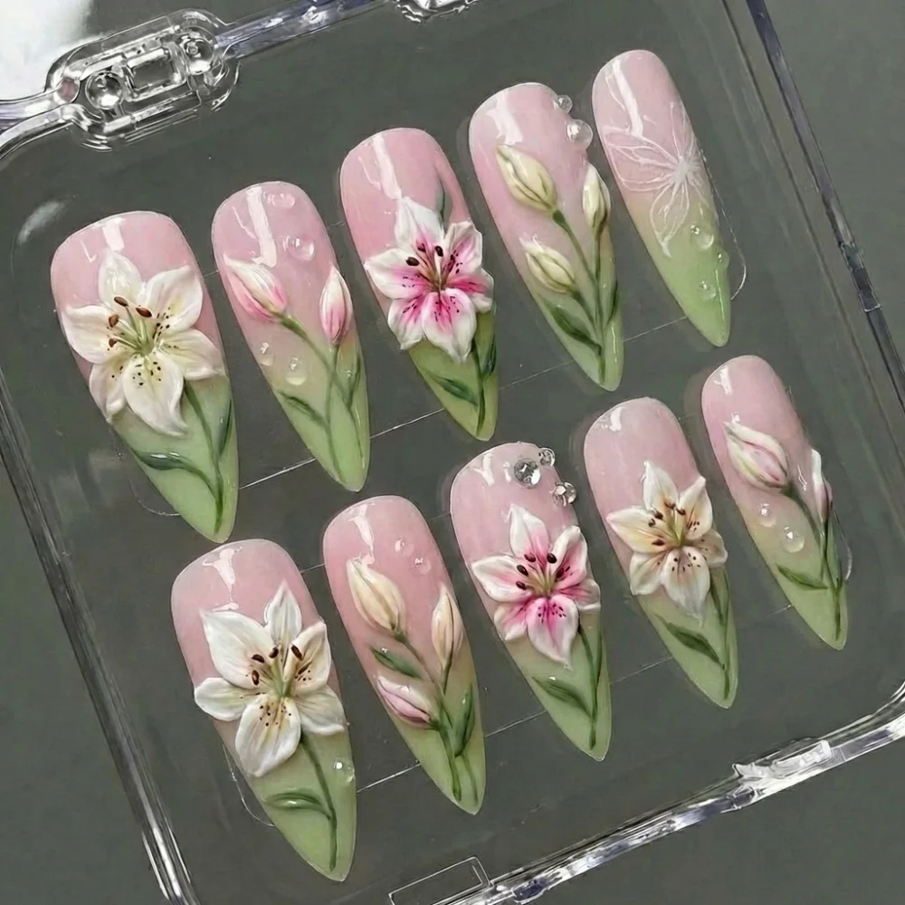 Luxury press on nails, 3D lily nails, press on nails, custom press on nails, fake nails, Nails Art, stained glass nails, gold press on nails, 3d press on nails, luxury press on nails, handmade press on nails