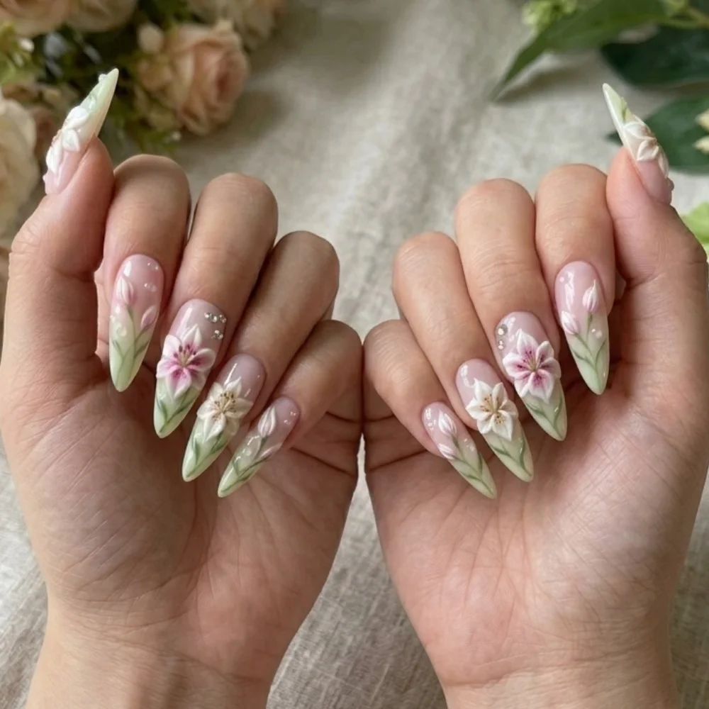pink green ombre, ethereal dew drops, press on nails, custom press on nails, fake nails, Nails Art, stained glass nails, gold press on nails, 3d press on nails, luxury press on nails, handmade press on nails