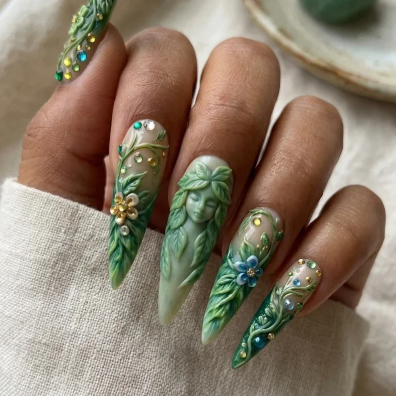 Luxury 3D press on nails, Mother Gaia nails, press on nails, custom press on nails, fake nails, Nails Art, stained glass nails, gold press on nails, 3d press on nails, luxury press on nails, handmade press on nails