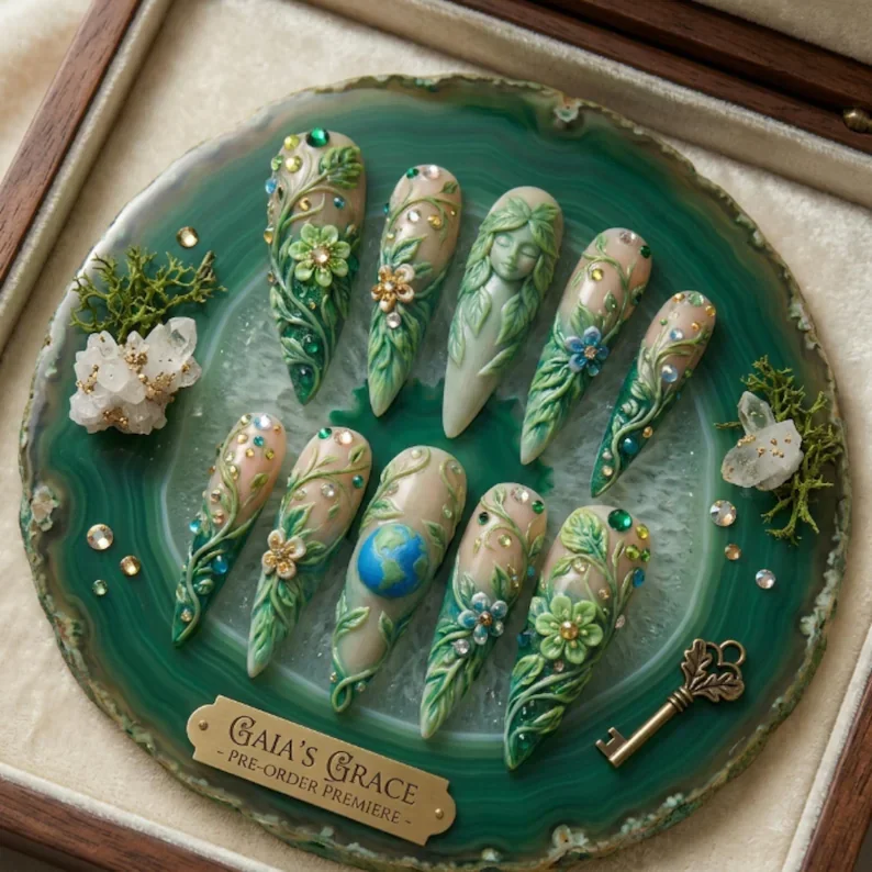 Nature botanical nail art, Earth Day nail design, press on nails, custom press on nails, fake nails, Nails Art, stained glass nails, gold press on nails, 3d press on nails, luxury press on nails, handmade press on nails