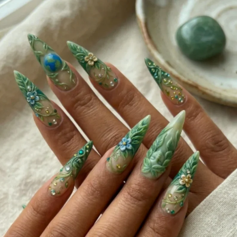 Earthy nature nails, 3D nature nails, press on nails, custom press on nails, fake nails, Nails Art, stained glass nails, gold press on nails, 3d press on nails, luxury press on nails, handmade press on nails