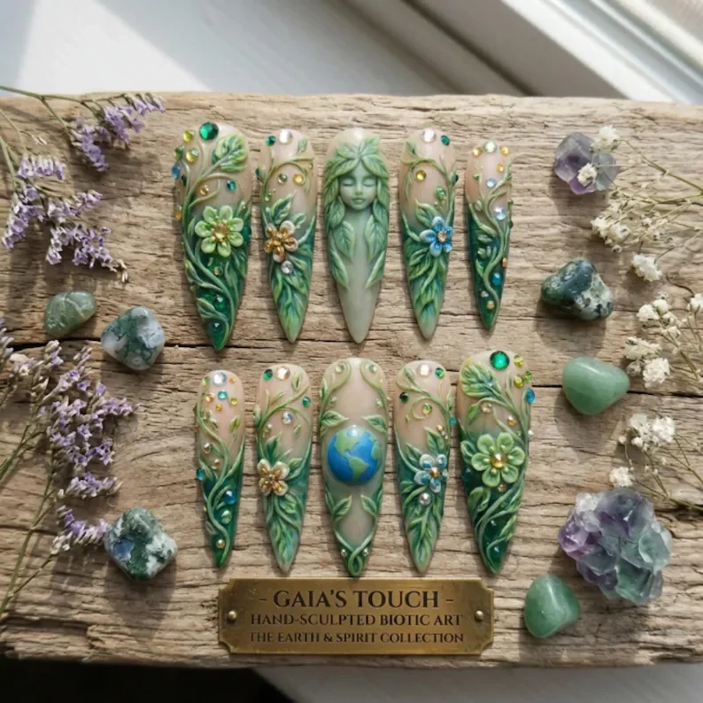Luxury 3D press on nails, Mother Gaia nails, press on nails, custom press on nails, fake nails, Nails Art, stained glass nails, gold press on nails, 3d press on nails, luxury press on nails, handmade press on nails