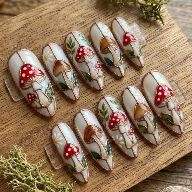 press on nails, kawaii toadstool, custom press on nails, fake nails, Nails Art, stained glass nails, gold press on nails, 3d press on nails, luxury press on nails, handmade press on nails