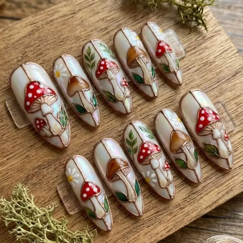 luxury 3D nails, mushroom stained glass, press on nails, custom press on nails, fake nails, Nails Art, stained glass nails, gold press on nails, 3d press on nails, luxury press on nails, handmade press on nails