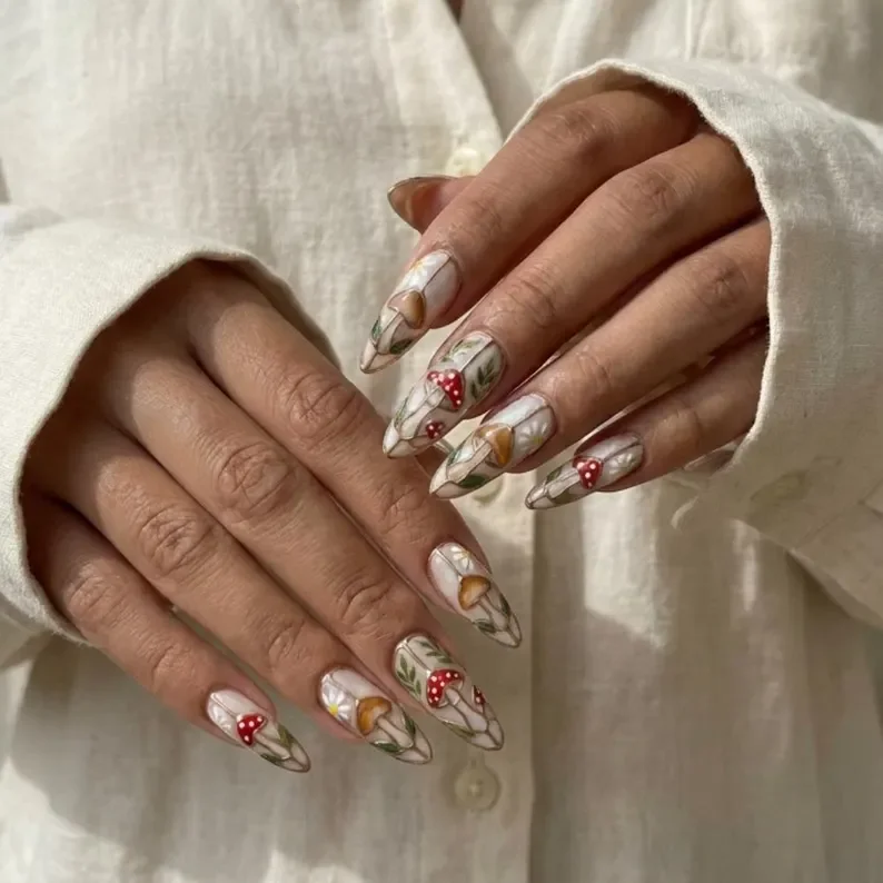 stained glass nails, toadstool daisy nails, press on nails, custom press on nails, fake nails, Nails Art, gold press on nails, 3d press on nails, luxury press on nails, handmade press on nails