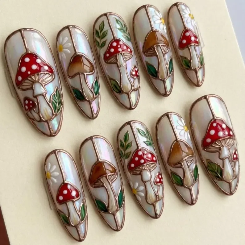 luxury 3D nails, mushroom stained glass, press on nails, custom press on nails, fake nails, Nails Art, stained glass nails, gold press on nails, 3d press on nails, luxury press on nails, handmade press on nails