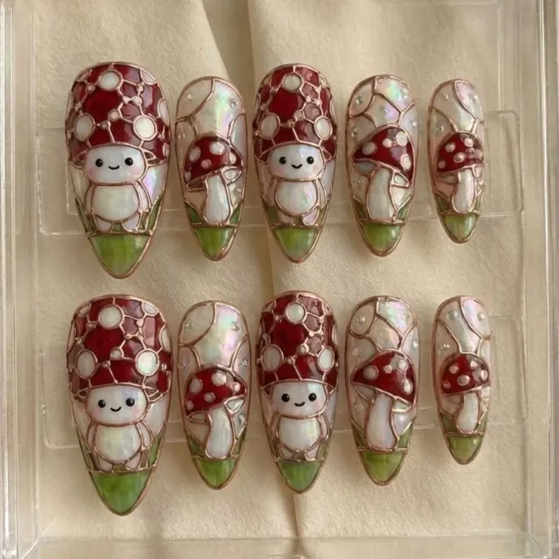 luxury 3D nails, mushroom stained glass, press on nails, custom press on nails, fake nails, Nails Art, stained glass nails, gold press on nails, 3d press on nails, luxury press on nails, handmade press on nails