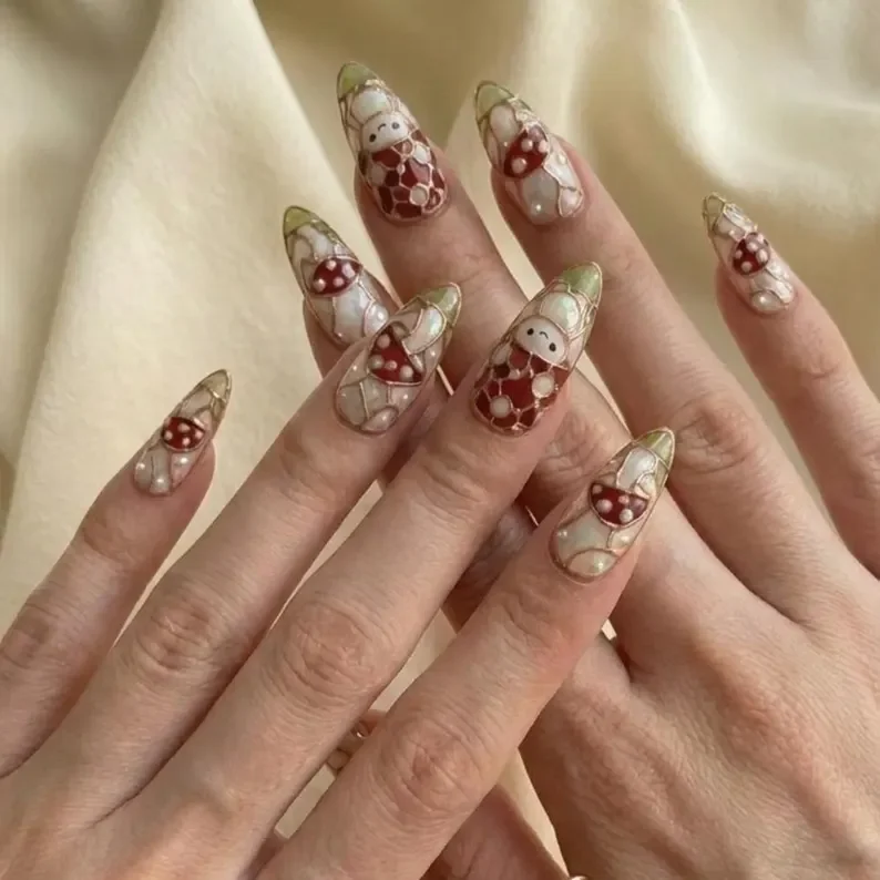 press on nails, kawaii toadstool, custom press on nails, fake nails, Nails Art, stained glass nails, gold press on nails, 3d press on nails, luxury press on nails, handmade press on nails