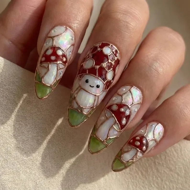 iridescent nail art, toadstool nails, press on nails, custom press on nails, fake nails, Nails Art, stained glass nails, gold press on nails, 3d press on nails, luxury press on nails, handmade press on nails